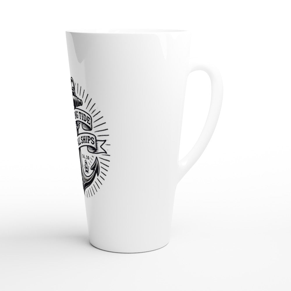 A stylish 17oz white ceramic latte mug featuring a ship’s anchor and the words ‘a rising tide lifts all ships.’ Designed in the style of an old-school tattoo.