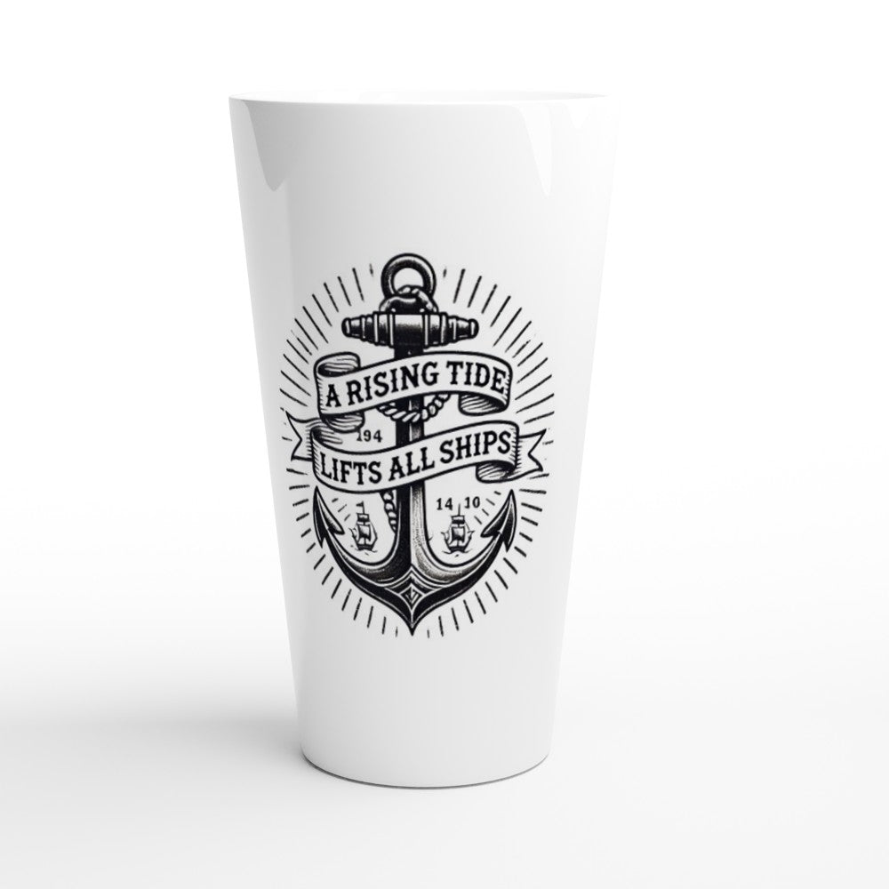 A stylish 17oz white ceramic latte mug featuring a ship’s anchor and the words ‘a rising tide lifts all ships.’ Designed in the style of an old-school tattoo.