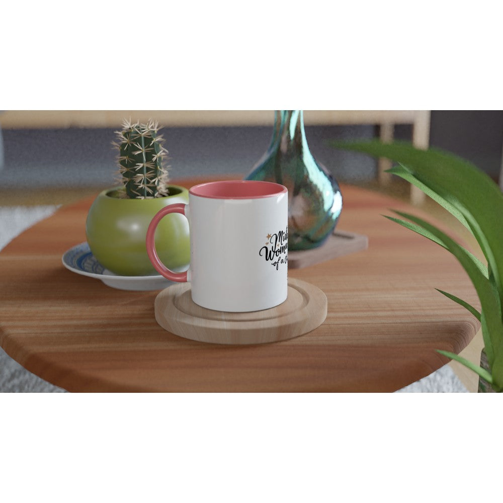 A stylish 11oz ceramic mug featuring the words ‘middle class woman of a certain age,’ white with a coloured inside and handle. Available in a range of colours.