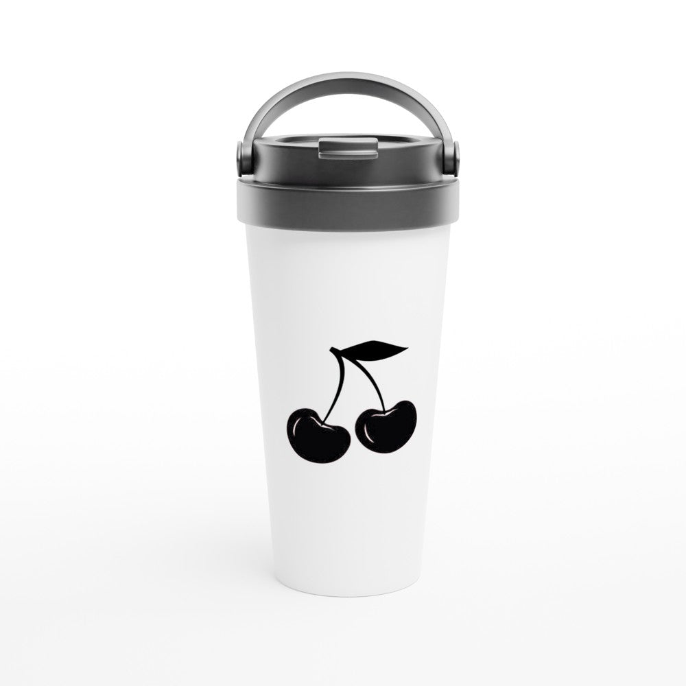 A stylish 15oz stainless steel travel mug featuring a black design, white with a black lid and handle. Maintains the temperature of either hot or cold drinks.