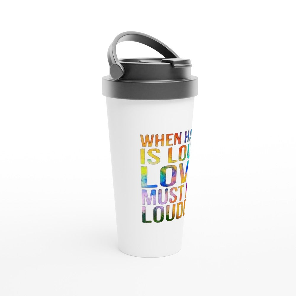A stylish 15oz stainless steel travel mug featuring the inspiring words ‘Love must be louder’ in rainbow colours. White with a black lid and handle. Maintains the temperature of either hot or cold drinks.