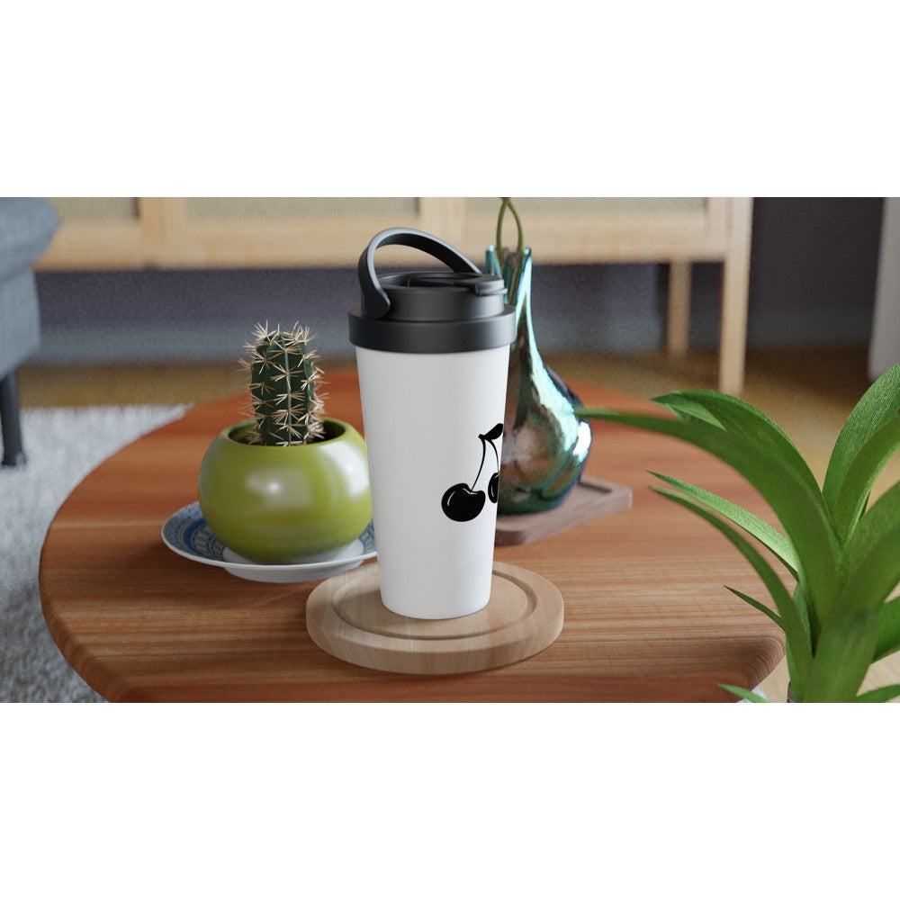 A stylish 15oz stainless steel travel mug featuring a black design, white with a black lid and handle. Maintains the temperature of either hot or cold drinks.