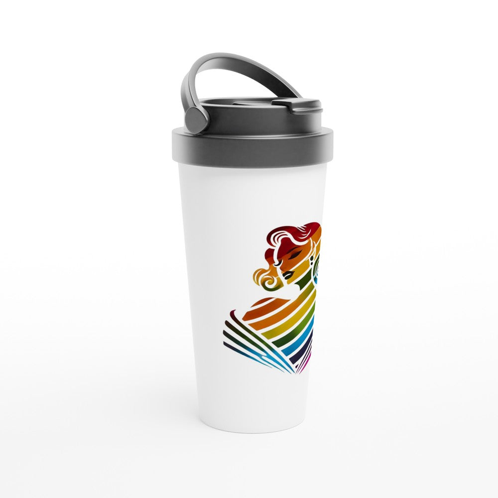 A stylish 15oz stainless steel travel mug featuring a woman’s face in rainbow colours, representing love and diversity. White with a black lid and handle. Maintains the temperature of either hot or cold drinks.