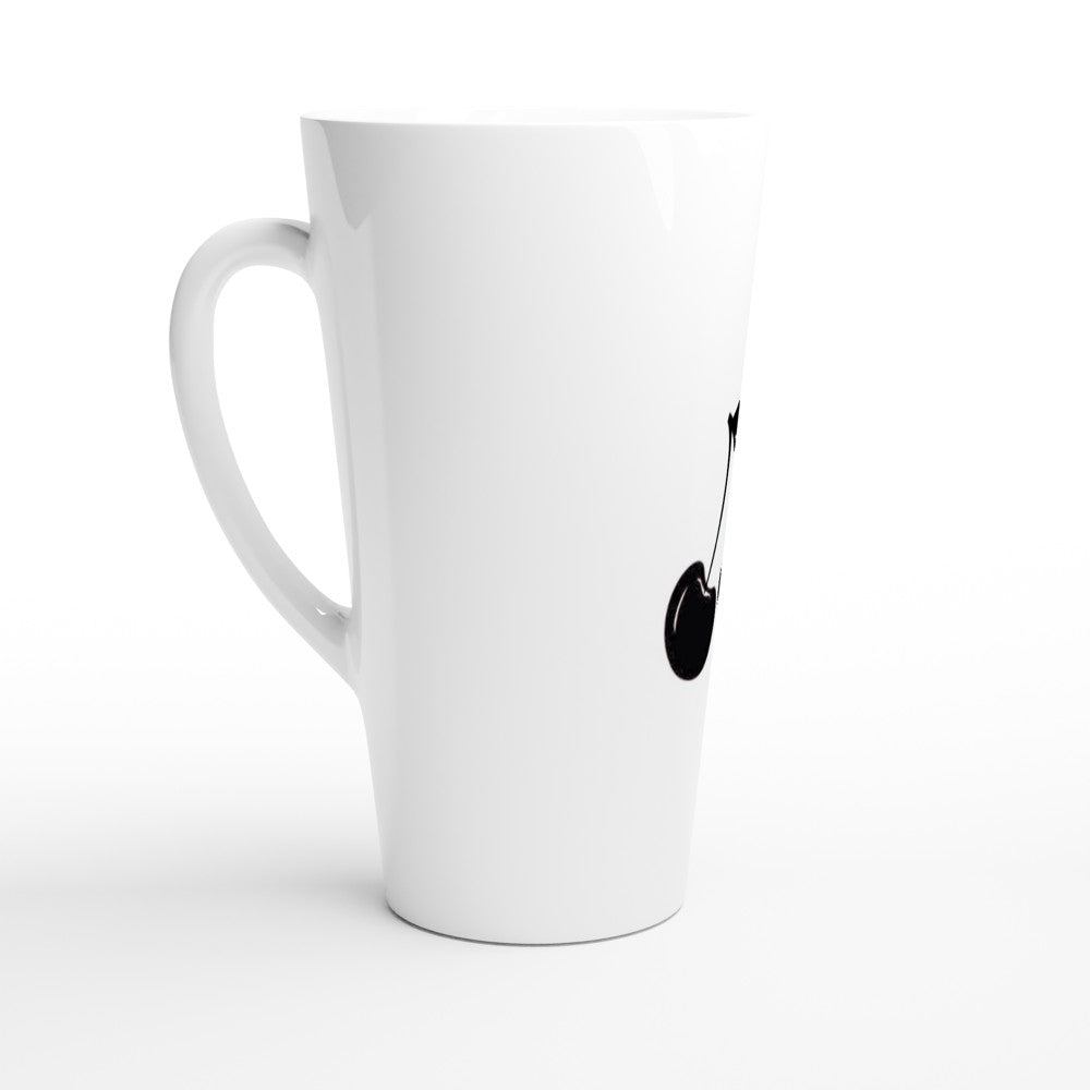 A stylish 17oz white ceramic latte mug featuring a sleek black cherry design.