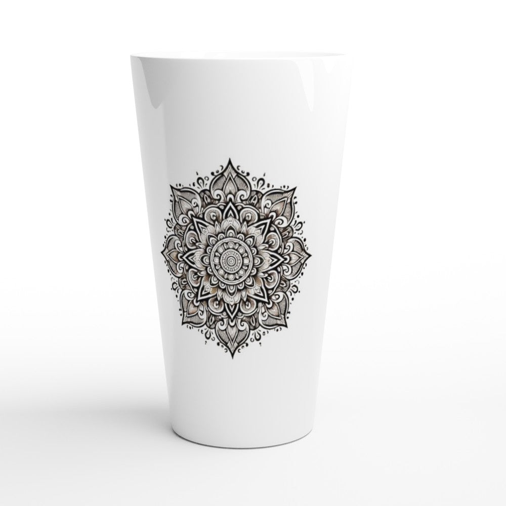 A stylish 17oz white ceramic latte mug featuring an intricate black and white mandala design. 
