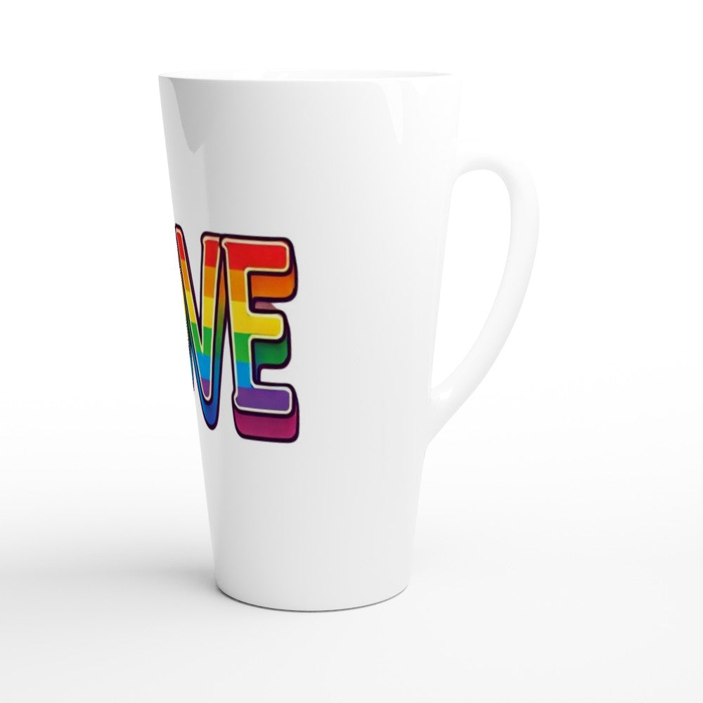 A stylish 17oz white ceramic latte mug featuring the word ‘love’ displayed in vibrant rainbow colours.