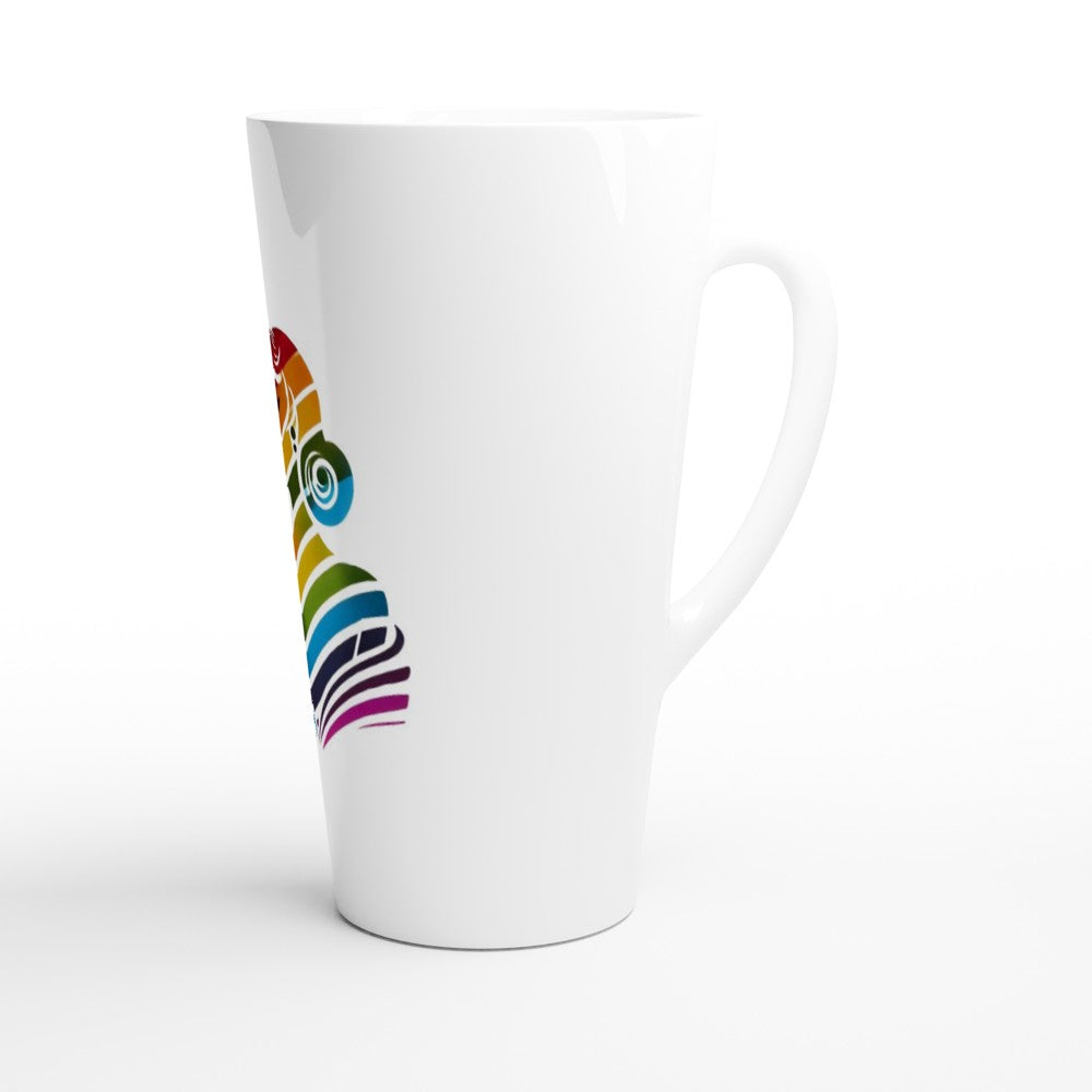 A stylish 17oz white ceramic latte mug featuring a woman’s face in rainbow colours, representing love and diversity. 