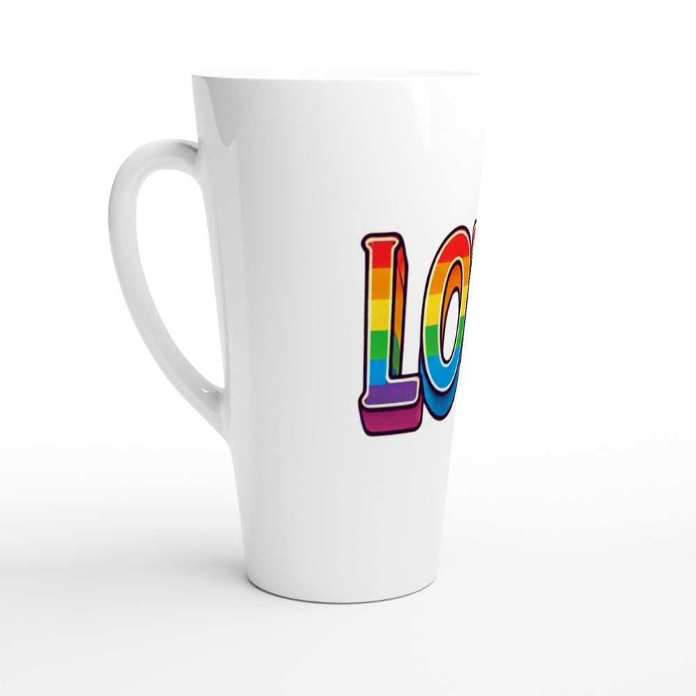 A stylish 17oz white ceramic latte mug featuring the word ‘love’ displayed in vibrant rainbow colours.