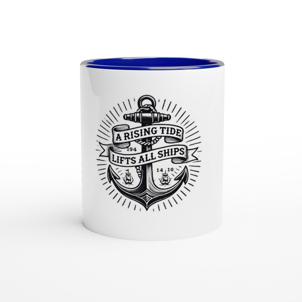 A stylish 11oz ceramic mug featuring a ship’s anchor and the words ‘a rising tide lifts all ships.’ Designed in the style of an old-school tattoo. White with a coloured inside and handle. Available in a range of colours.