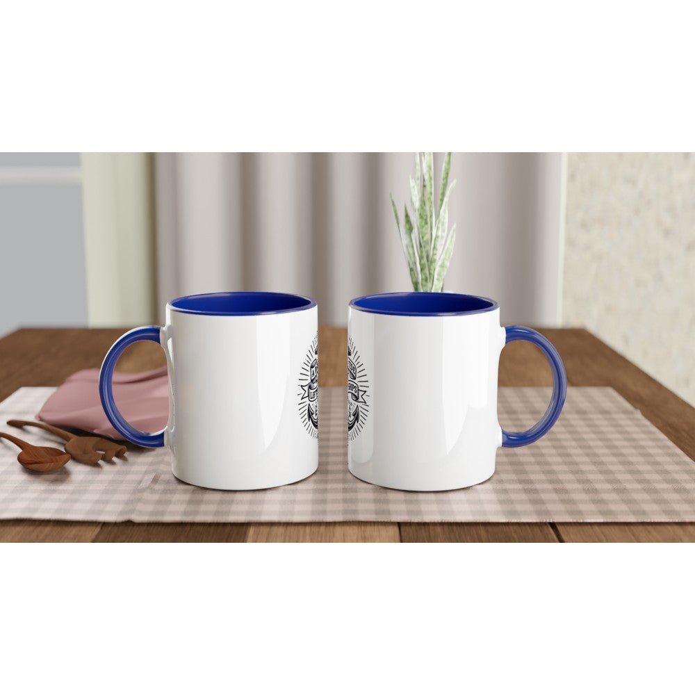 A stylish 11oz ceramic mug featuring a ship’s anchor and the words ‘a rising tide lifts all ships.’ Designed in the style of an old-school tattoo. White with a coloured inside and handle. Available in a range of colours.