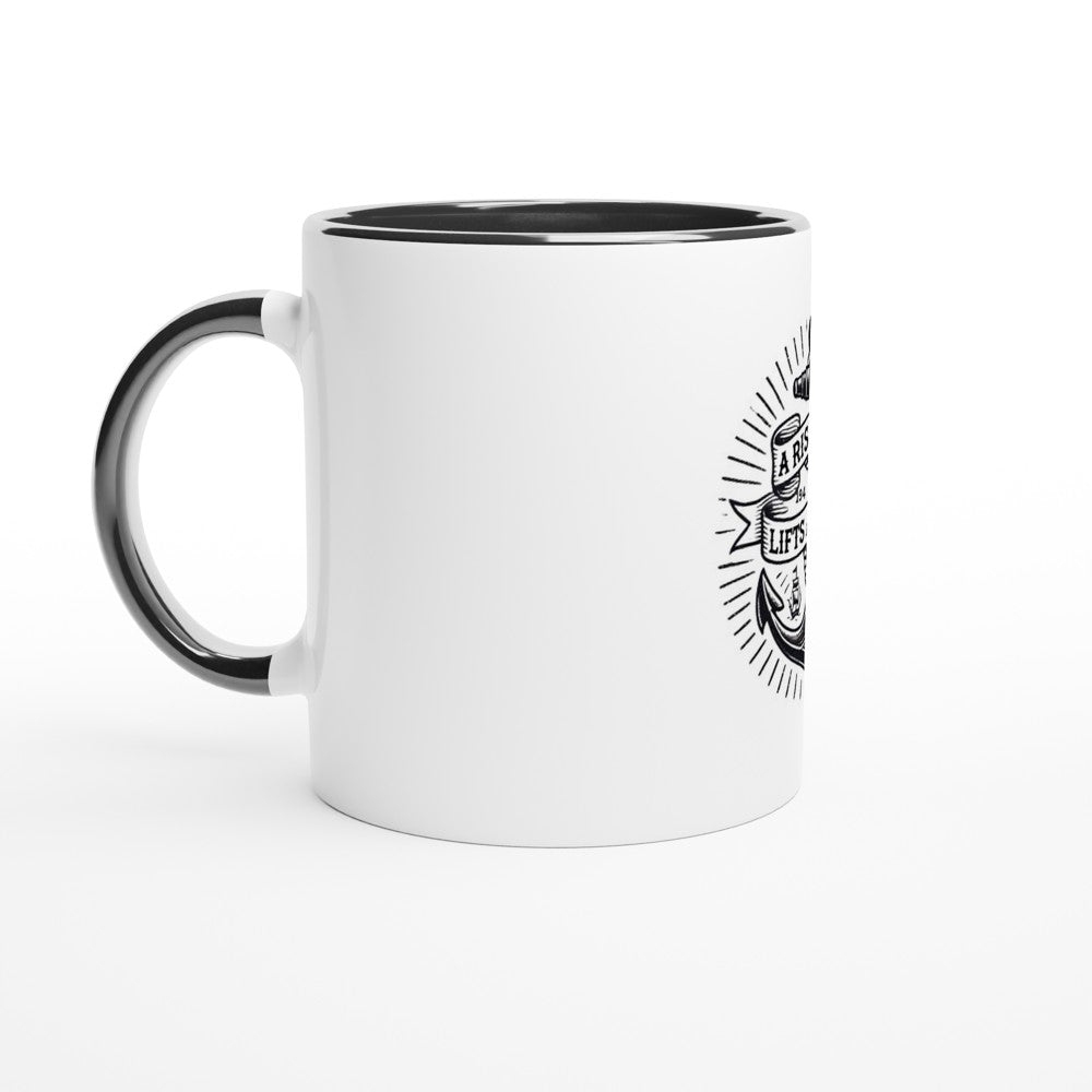 A stylish 11oz ceramic mug featuring a ship’s anchor and the words ‘a rising tide lifts all ships.’ Designed in the style of an old-school tattoo. White with a coloured inside and handle. Available in a range of colours.