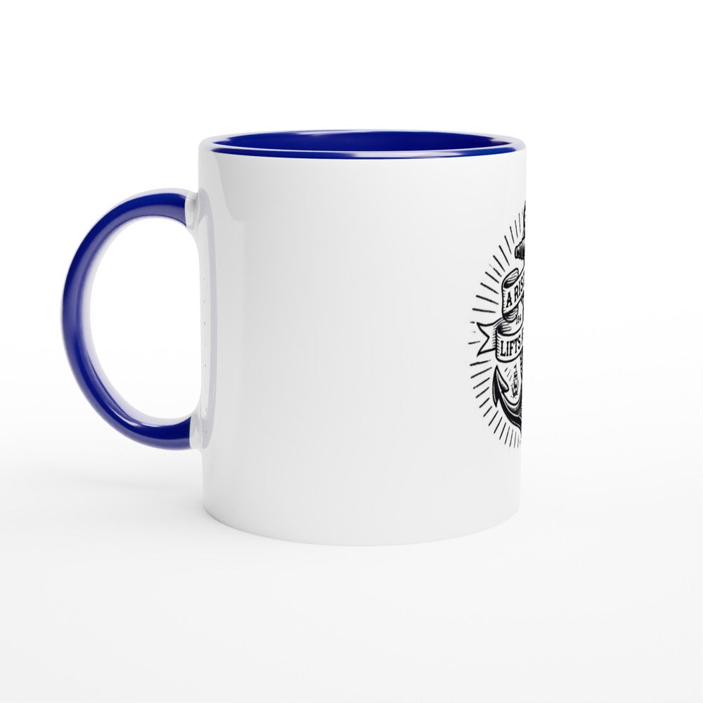 A stylish 11oz ceramic mug featuring a ship’s anchor and the words ‘a rising tide lifts all ships.’ Designed in the style of an old-school tattoo. White with a coloured inside and handle. Available in a range of colours.