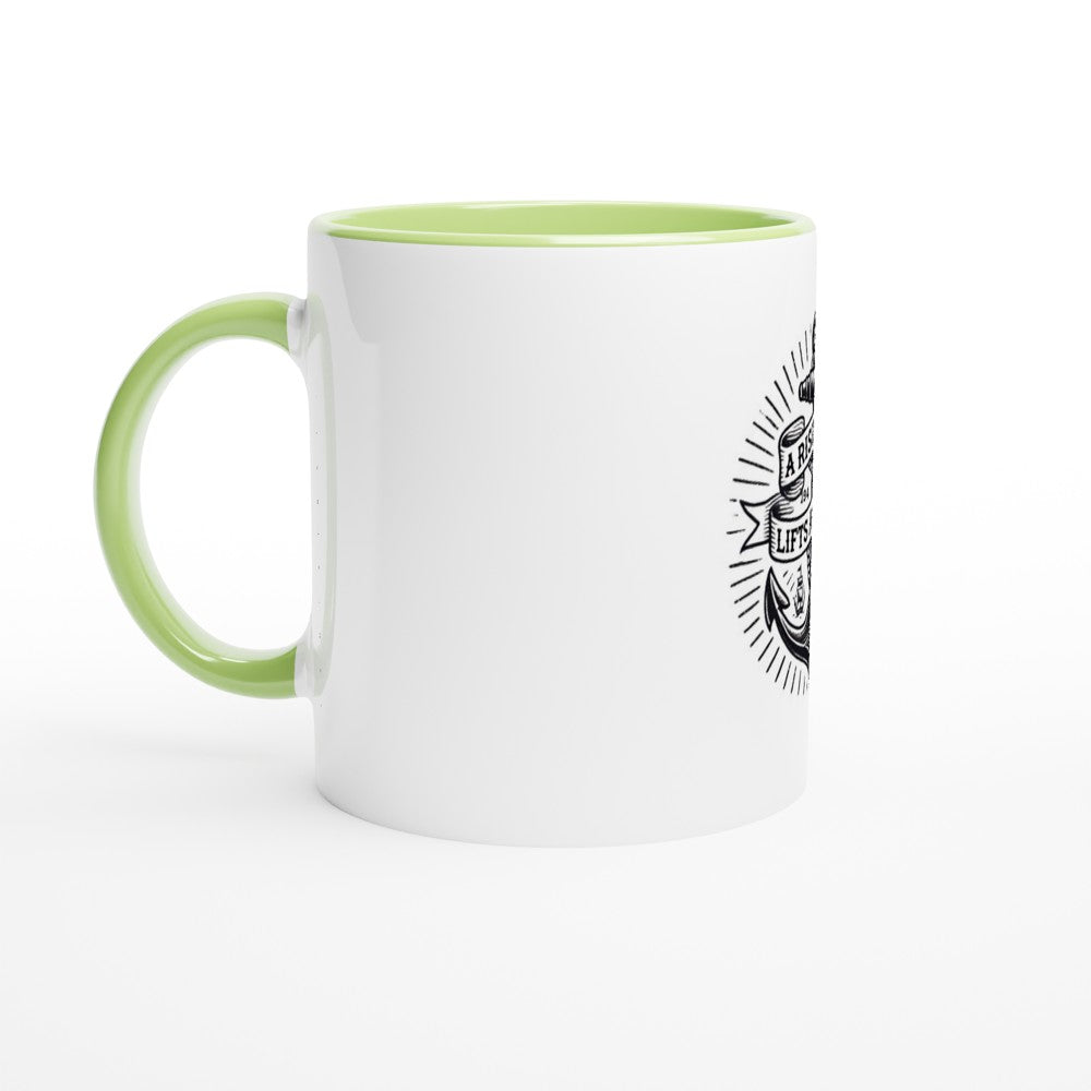 A stylish 11oz ceramic mug featuring a ship’s anchor and the words ‘a rising tide lifts all ships.’ Designed in the style of an old-school tattoo. White with a coloured inside and handle. Available in a range of colours.