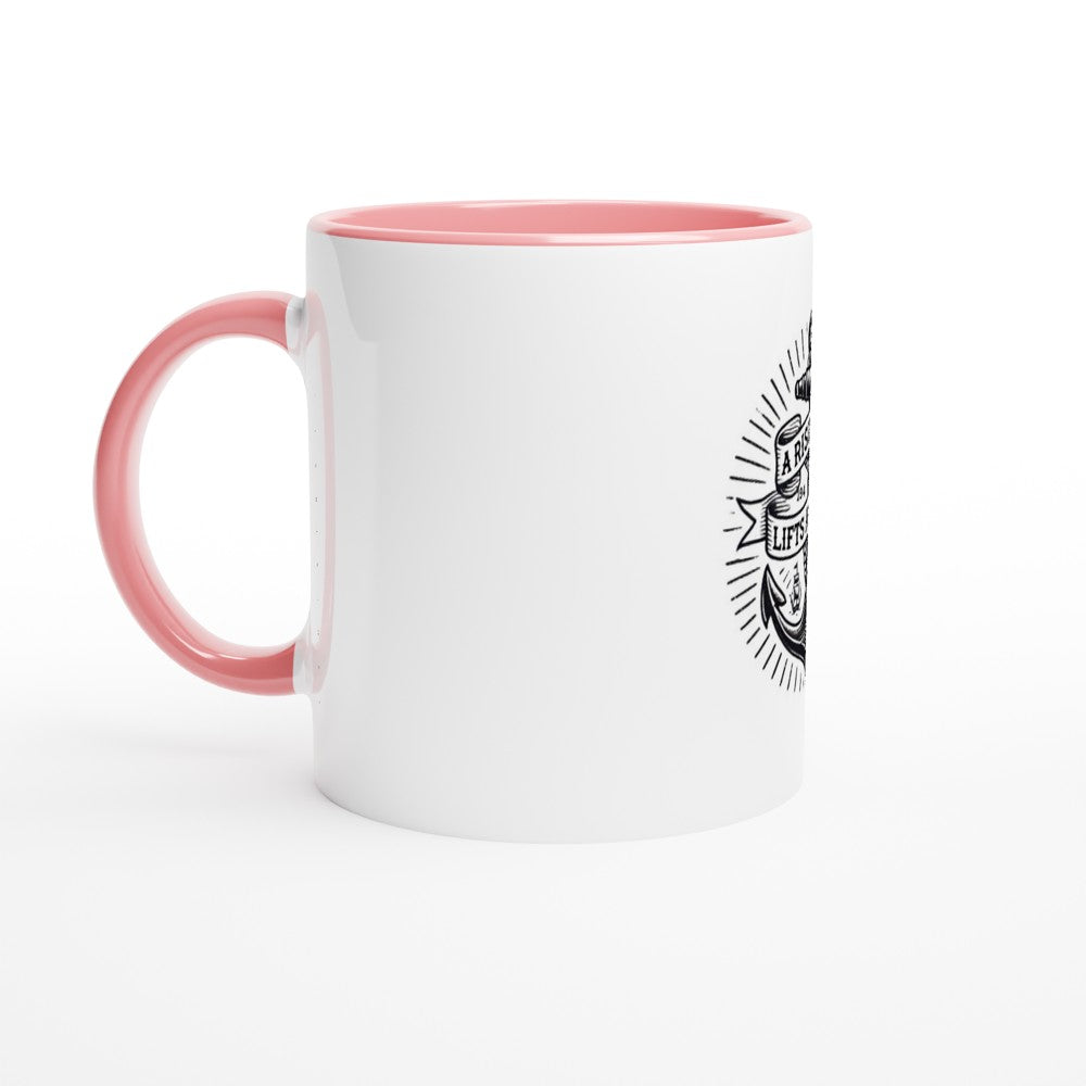 A stylish 11oz ceramic mug featuring a ship’s anchor and the words ‘a rising tide lifts all ships.’ Designed in the style of an old-school tattoo. White with a coloured inside and handle. Available in a range of colours.