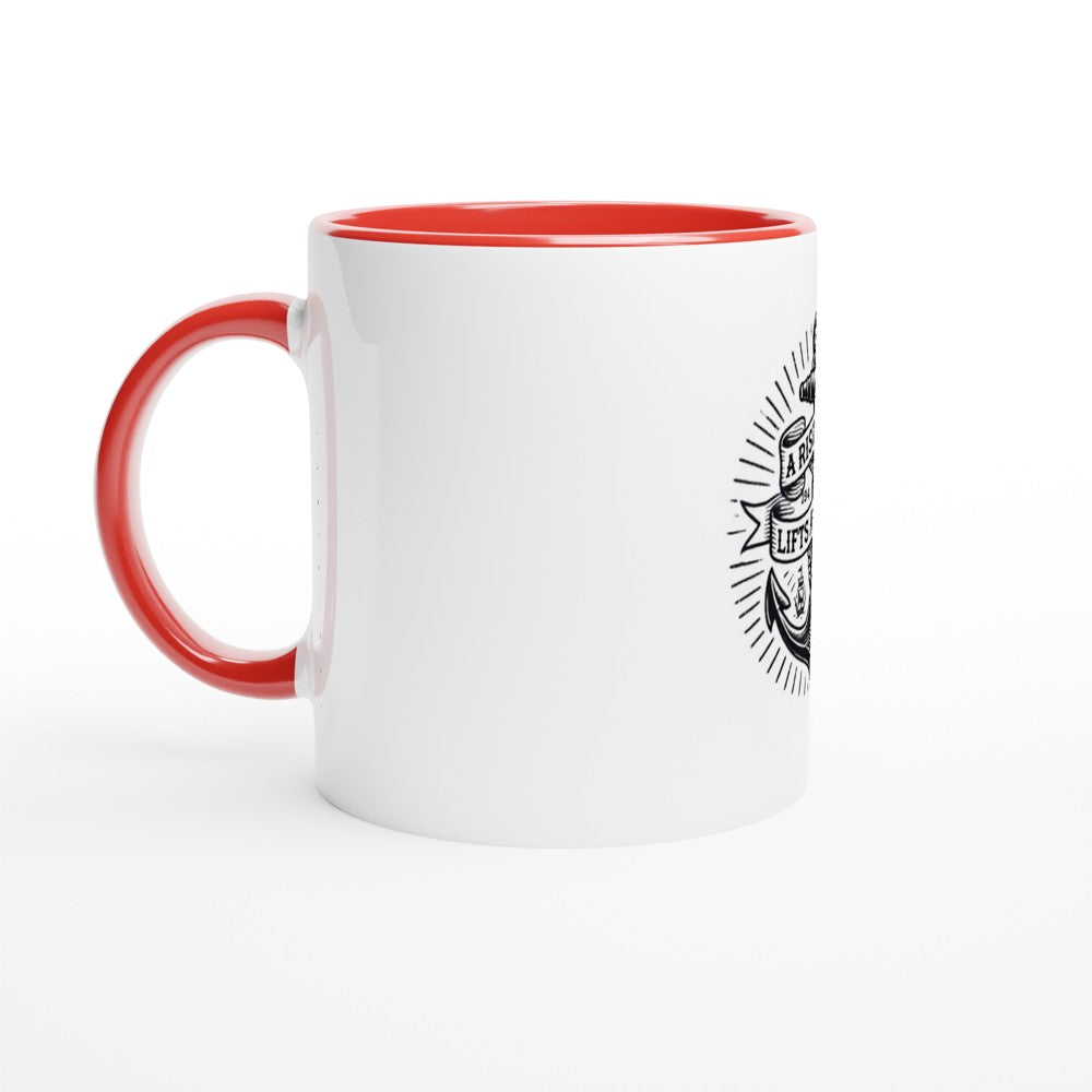 A stylish 11oz ceramic mug featuring a ship’s anchor and the words ‘a rising tide lifts all ships.’ Designed in the style of an old-school tattoo. White with a coloured inside and handle. Available in a range of colours.