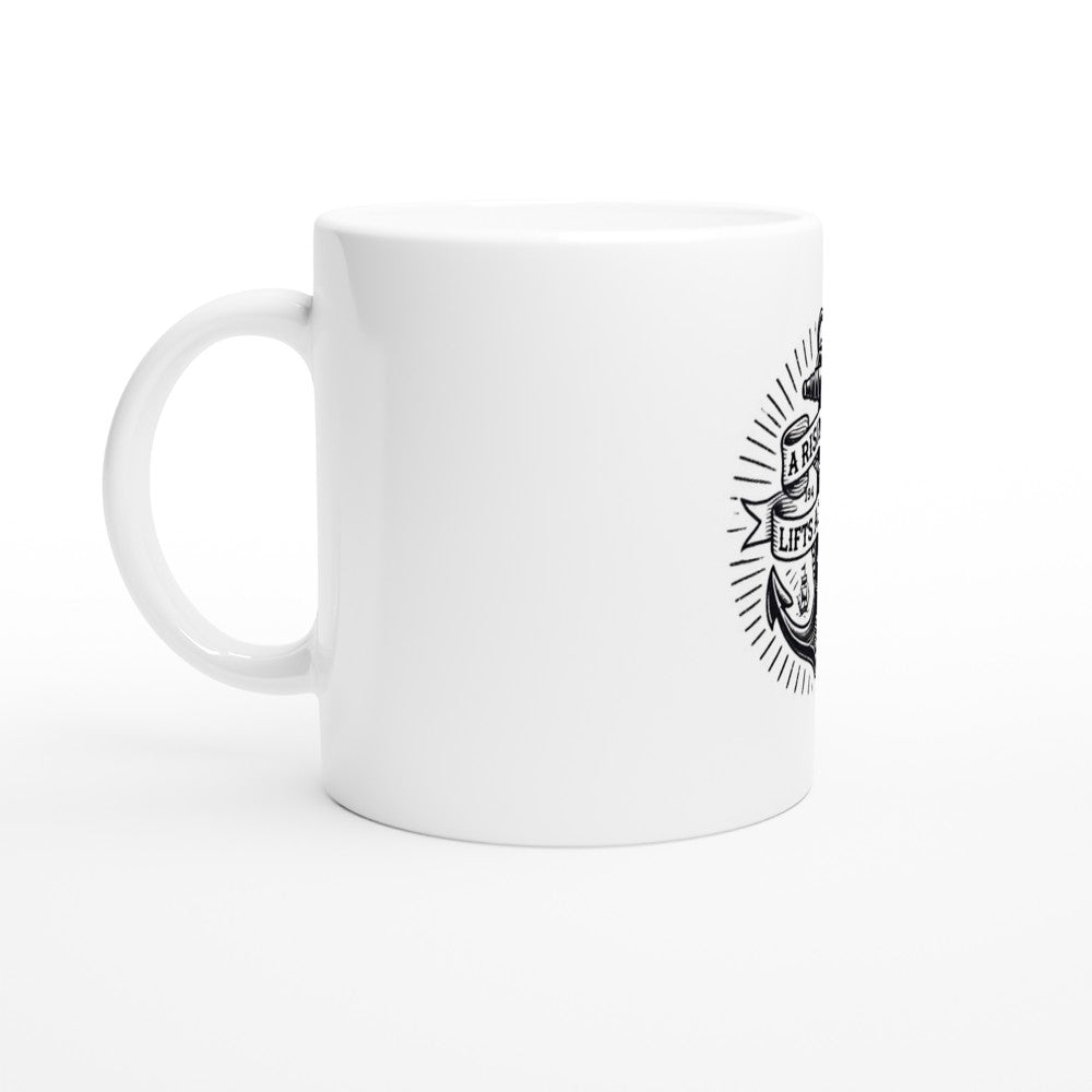A stylish 11oz ceramic mug featuring a ship’s anchor and the words ‘a rising tide lifts all ships.’ Designed in the style of an old-school tattoo. White with a coloured inside and handle. Available in a range of colours.
