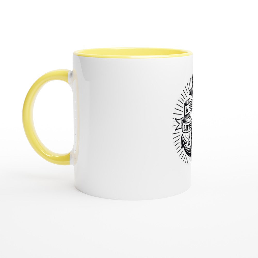 A stylish 11oz ceramic mug featuring a ship’s anchor and the words ‘a rising tide lifts all ships.’ Designed in the style of an old-school tattoo. White with a coloured inside and handle. Available in a range of colours.