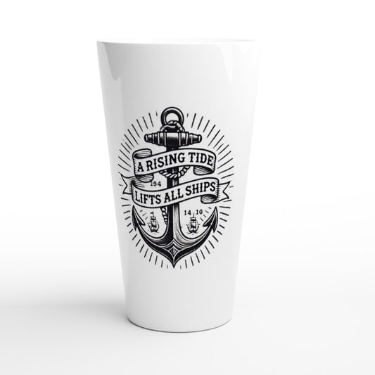 A stylish 17oz white ceramic latte mug featuring a ship’s anchor and the words ‘a rising tide lifts all ships.’ Designed in the style of an old-school tattoo.