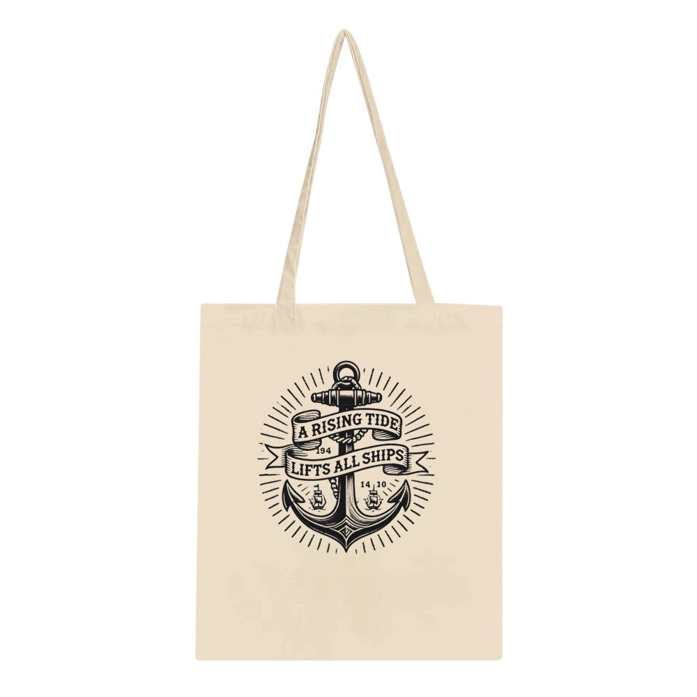 Chic tote bag showcasing an anchor vintage tattoo inspired design along with a thoughtful quote, ‘A rising tide lifts all ships,’ ideal for stylishly transporting your belongings.