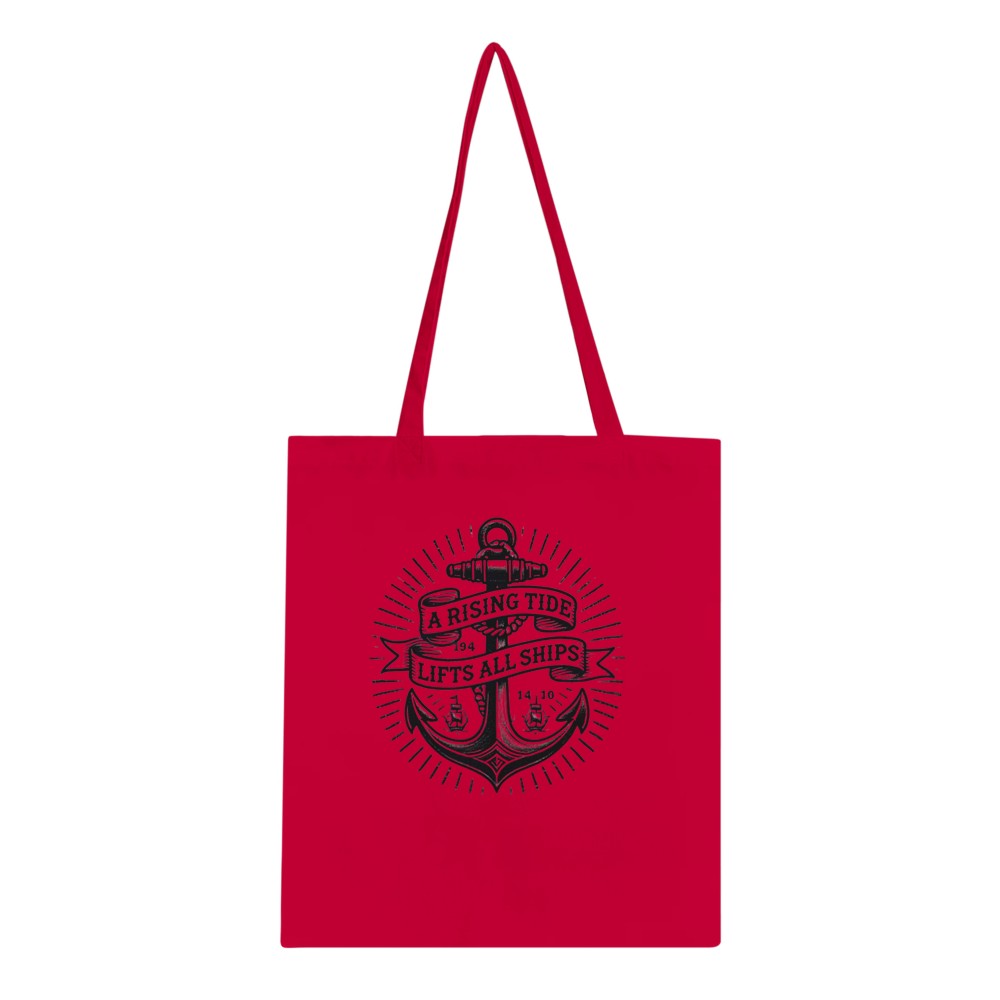Chic tote bag showcasing an anchor vintage tattoo inspired design along with a thoughtful quote, ‘A rising tide lifts all ships,’ ideal for stylishly transporting your belongings.