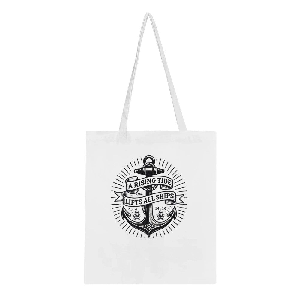 Chic tote bag showcasing an anchor vintage tattoo inspired design along with a thoughtful quote, ‘A rising tide lifts all ships,’ ideal for stylishly transporting your belongings.
