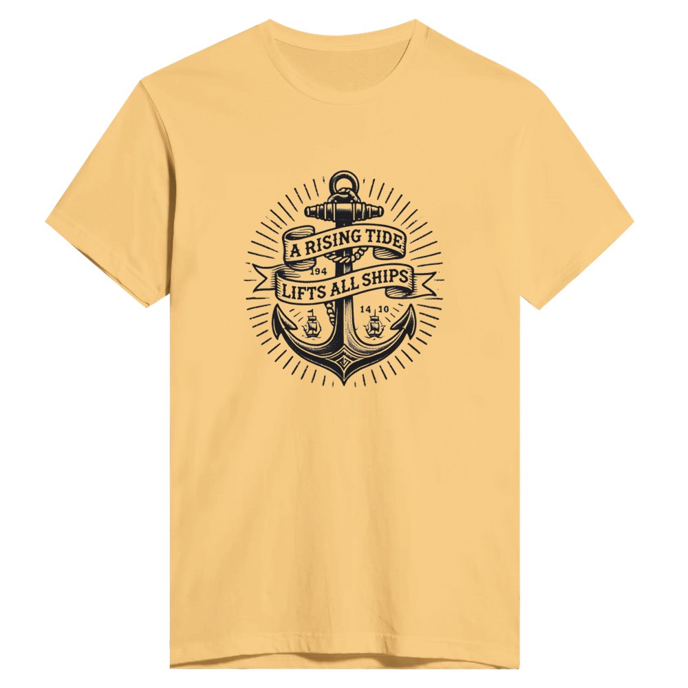 T-shirt adorned with an anchor vintage tattoo inspired  graphic and a motivational quote, ‘A rising tide lifts all ships,’ for a nautical vibe. Available in a range of colours - this one is Banana Cream,a  pale shade of yellow.