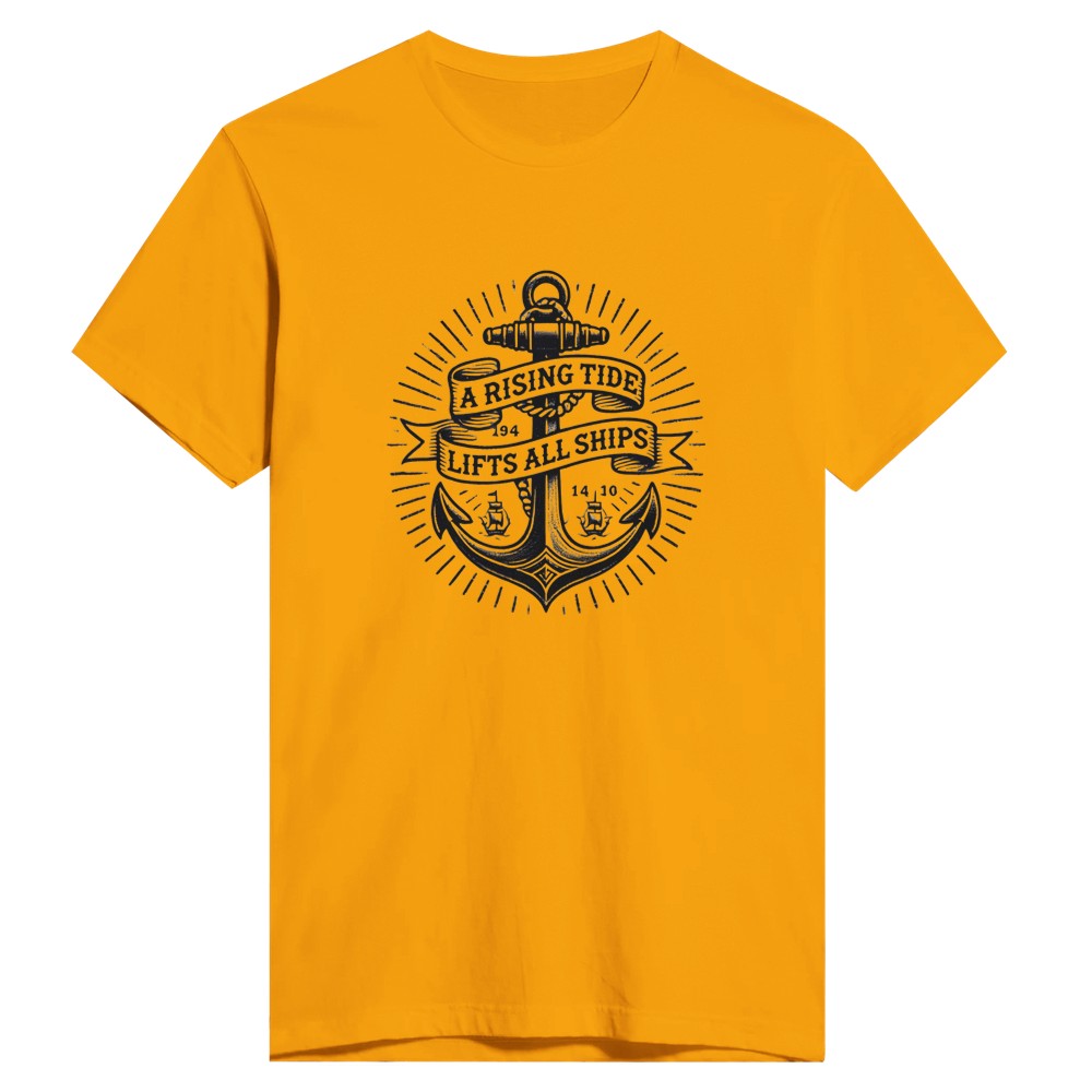 T-shirt adorned with an anchor vintage tattoo inspired  graphic and a motivational quote, ‘A rising tide lifts all ships,’ for a nautical vibe. Available in a range of colours - this one is a deep, golden yellow.