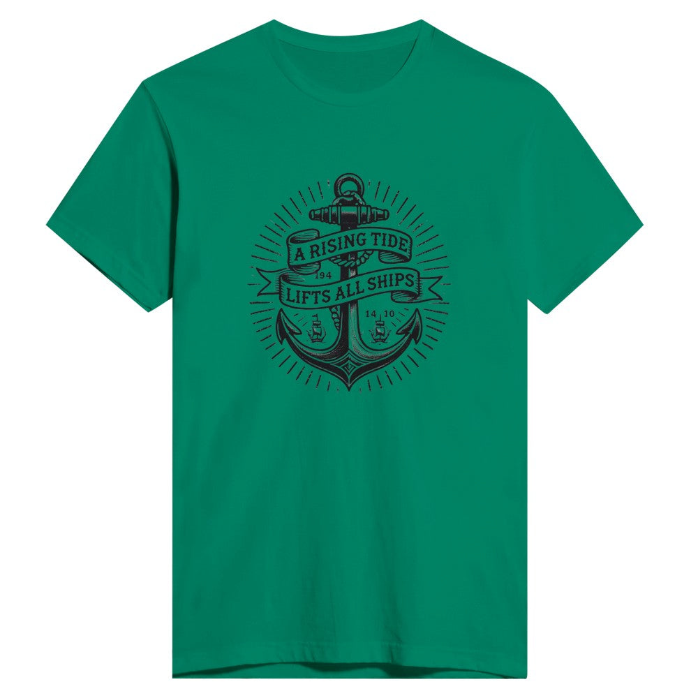 T-shirt adorned with an anchor vintage tattoo inspired  graphic and a motivational quote, ‘A rising tide lifts all ships,’ for a nautical vibe. Available in a range of colours.