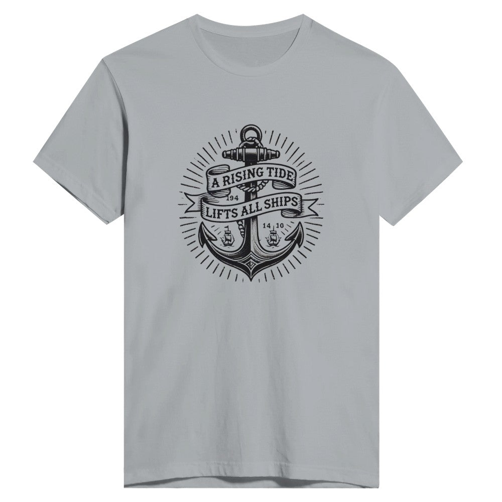 T-shirt adorned with an anchor vintage tattoo inspired  graphic and a motivational quote, ‘A rising tide lifts all ships,’ for a nautical vibe. Available in a range of colours.