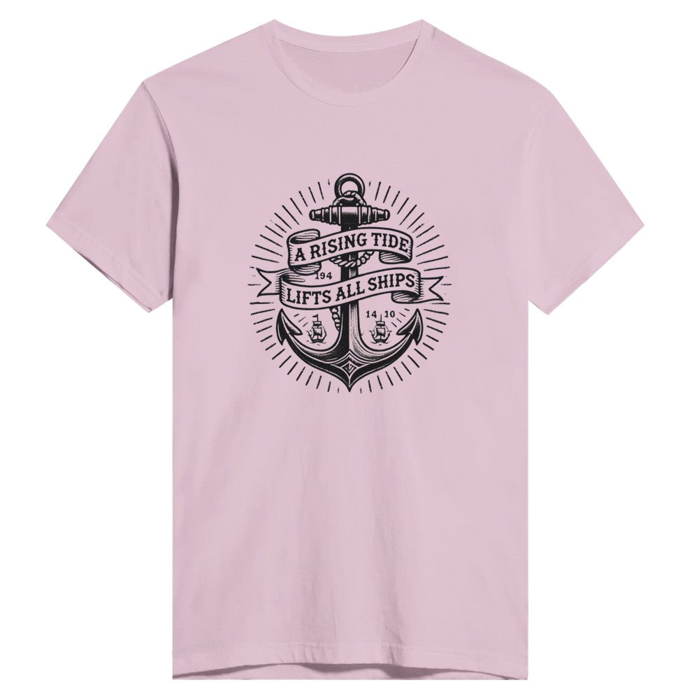 T-shirt adorned with an anchor vintage tattoo inspired  graphic and a motivational quote, ‘A rising tide lifts all ships,’ for a nautical vibe. Available in a range of colours.