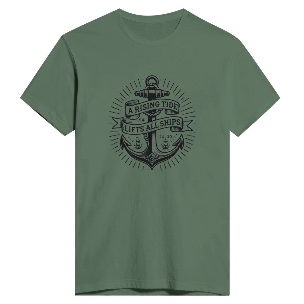 T-shirt adorned with an anchor vintage tattoo inspired  graphic and a motivational quote, ‘A rising tide lifts all ships,’ for a nautical vibe. Available in a range of colours.
