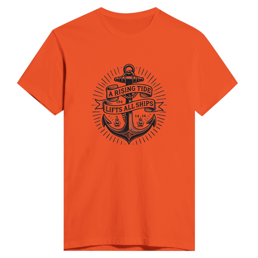 T-shirt adorned with an anchor vintage tattoo inspired  graphic and a motivational quote, ‘A rising tide lifts all ships,’ for a nautical vibe. Available in a range of colours.