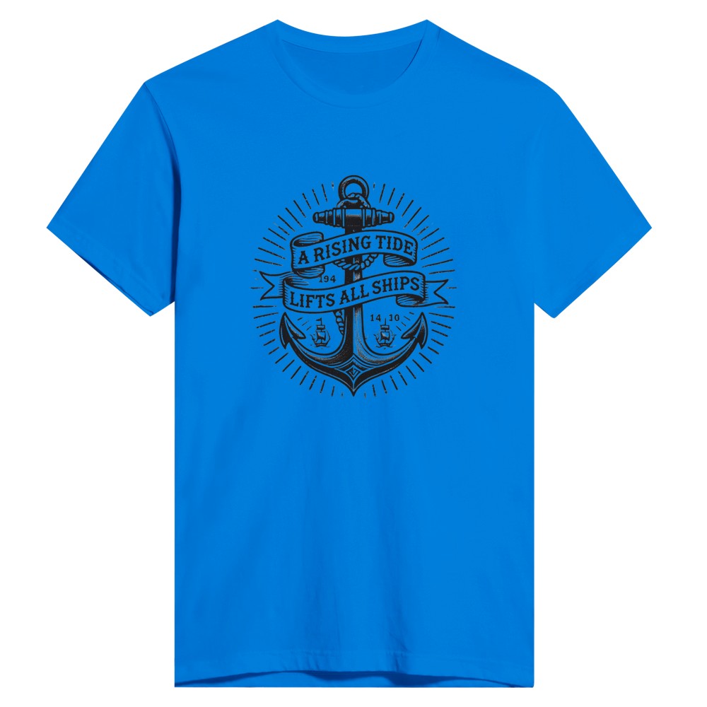 T-shirt adorned with an anchor vintage tattoo inspired  graphic and a motivational quote, ‘A rising tide lifts all ships,’ for a nautical vibe. Available in a range of colours.