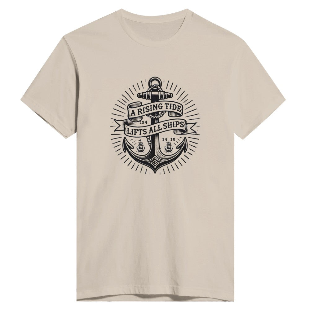 T-shirt adorned with an anchor vintage tattoo inspired  graphic and a motivational quote, ‘A rising tide lifts all ships,’ for a nautical vibe. Available in a range of colours.