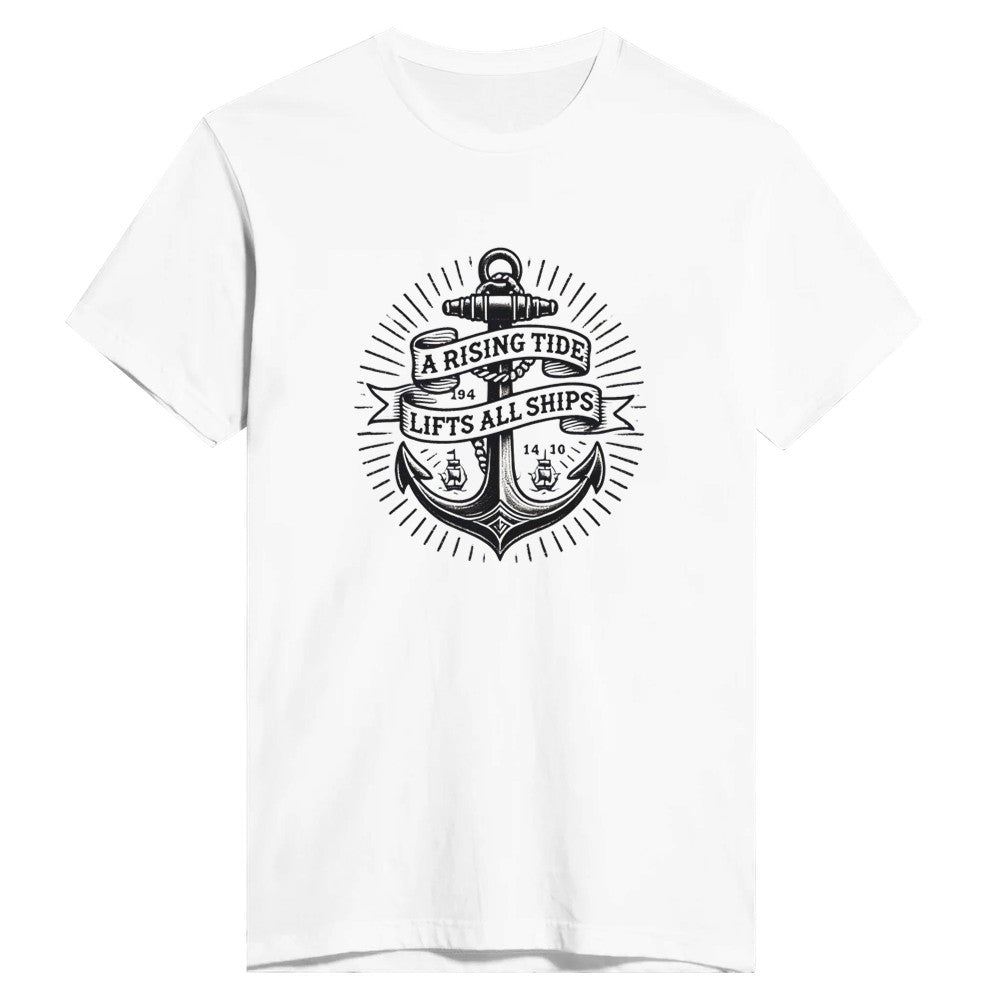 T-shirt adorned with an anchor vintage tattoo inspired  graphic and a motivational quote, ‘A rising tide lifts all ships,’ for a nautical vibe. Available in a range of colours.