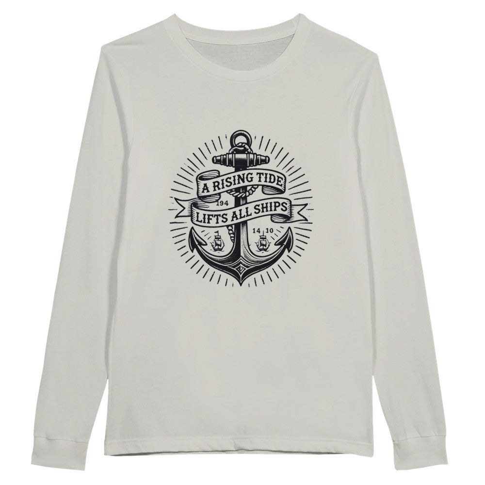 Long sleeved t-shirt adorned with an anchor vintage tattoo inspired  graphic and a motivational quote, ‘A rising tide lifts all ships,’ for a nautical vibe. Available in a range of colours.
