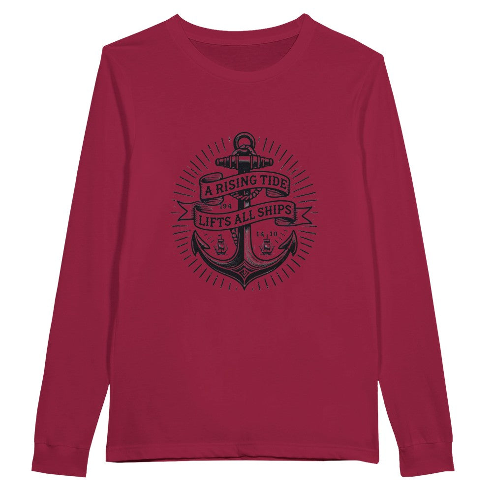 Long sleeved t-shirt adorned with an anchor vintage tattoo inspired  graphic and a motivational quote, ‘A rising tide lifts all ships,’ for a nautical vibe. Available in a range of colours.