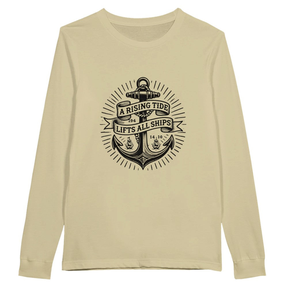 Long sleeved t-shirt adorned with an anchor vintage tattoo inspired  graphic and a motivational quote, ‘A rising tide lifts all ships,’ for a nautical vibe. Available in a range of colours.