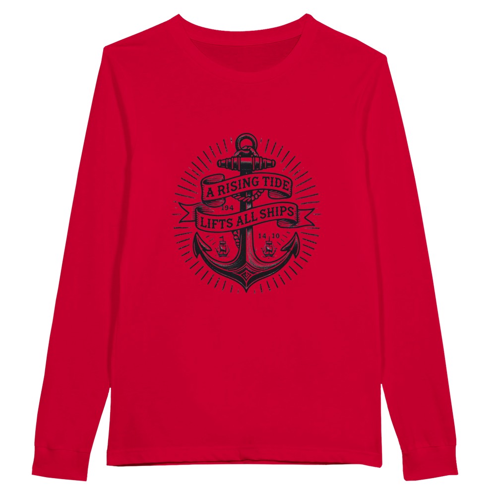 Long sleeved t-shirt adorned with an anchor vintage tattoo inspired  graphic and a motivational quote, ‘A rising tide lifts all ships,’ for a nautical vibe. Available in a range of colours.