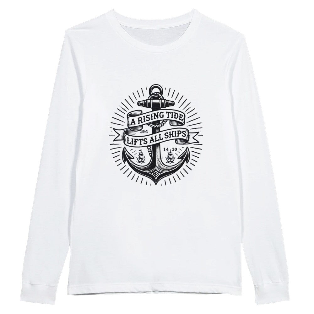 Long sleeved t-shirt adorned with an anchor vintage tattoo inspired  graphic and a motivational quote, ‘A rising tide lifts all ships,’ for a nautical vibe. Available in a range of colours.