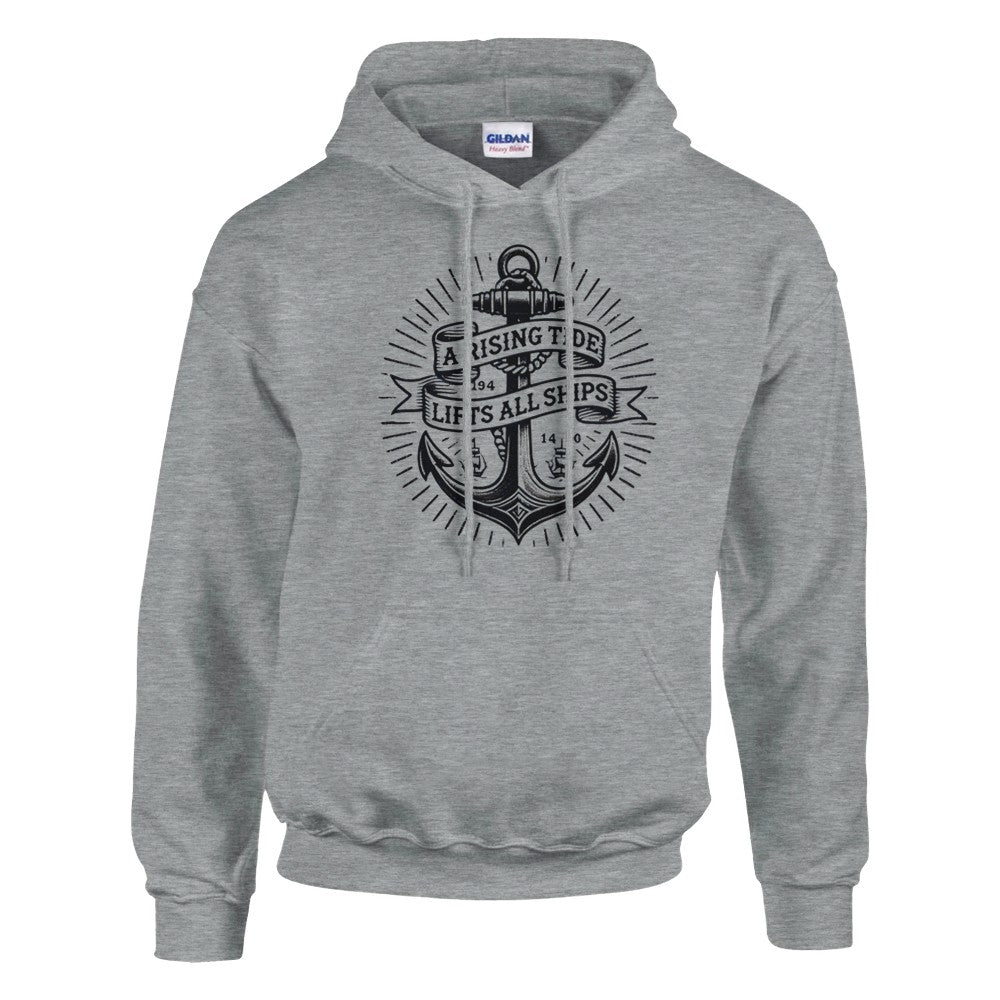 Pullover hoodie adorned with an anchor vintage tattoo inspired  graphic and a motivational quote, ‘A rising tide lifts all ships,’ for a nautical vibe. Available in a range of colours.