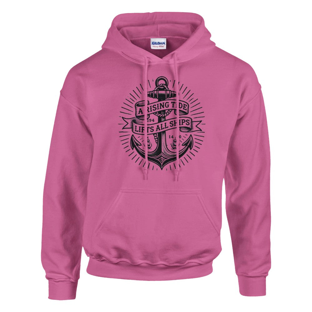 Pullover hoodie adorned with an anchor vintage tattoo inspired  graphic and a motivational quote, ‘A rising tide lifts all ships,’ for a nautical vibe. Available in a range of colours.
