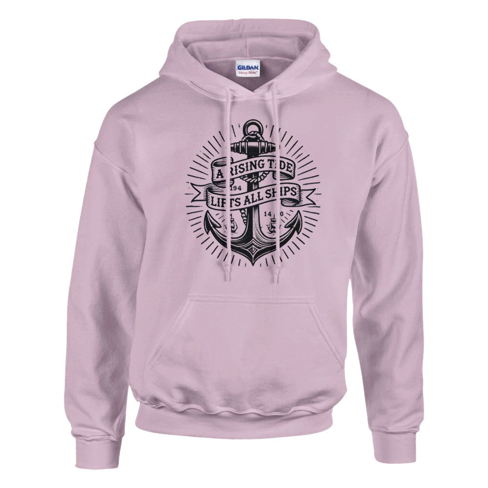 Pullover hoodie adorned with an anchor vintage tattoo inspired  graphic and a motivational quote, ‘A rising tide lifts all ships,’ for a nautical vibe. Available in a range of colours.