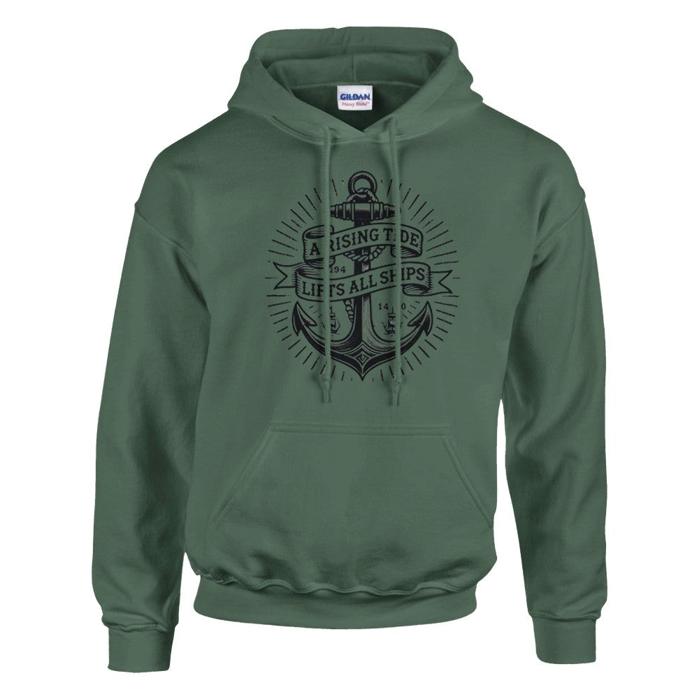 Pullover hoodie adorned with an anchor vintage tattoo inspired  graphic and a motivational quote, ‘A rising tide lifts all ships,’ for a nautical vibe. Available in a range of colours.