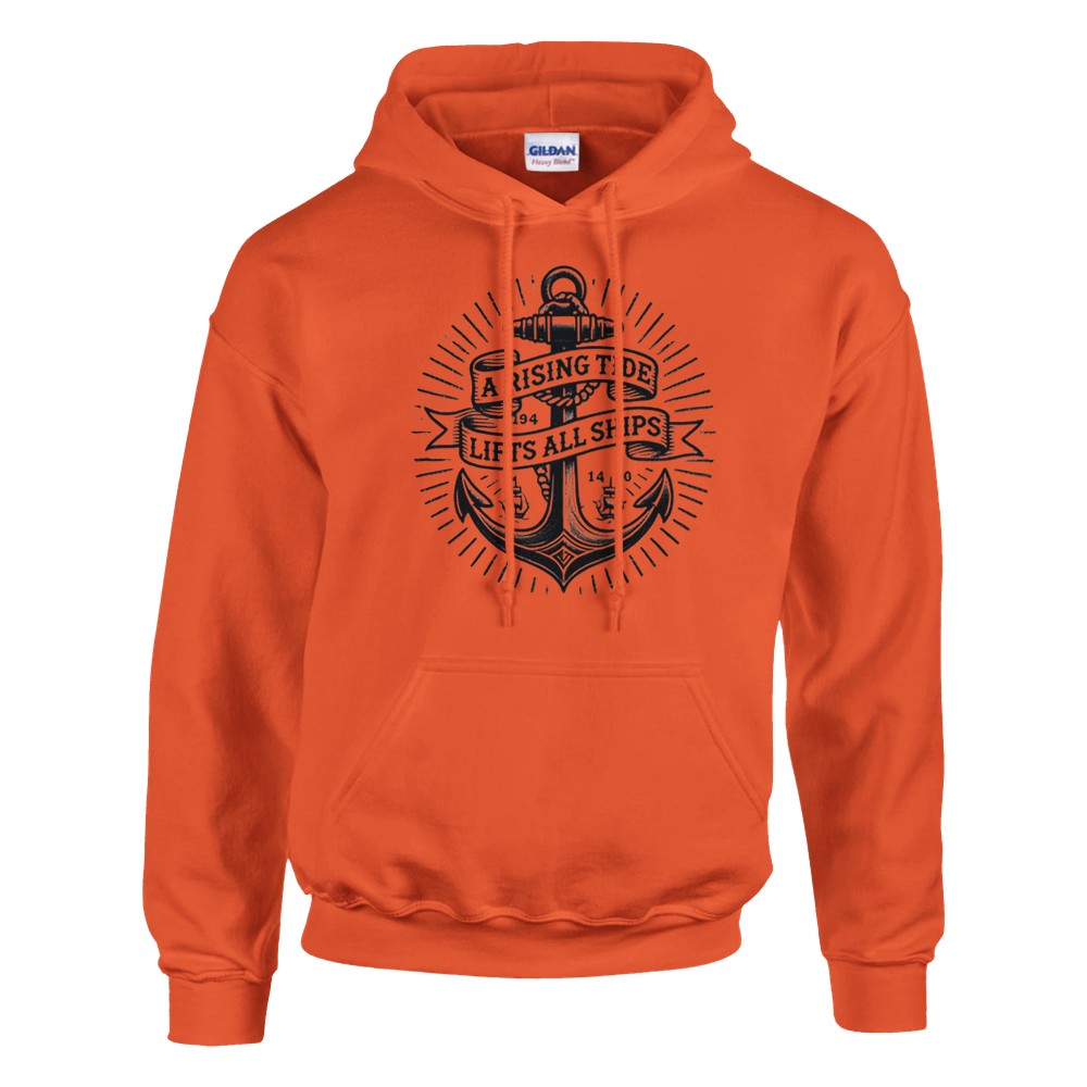 Pullover hoodie adorned with an anchor vintage tattoo inspired  graphic and a motivational quote, ‘A rising tide lifts all ships,’ for a nautical vibe. Available in a range of colours.