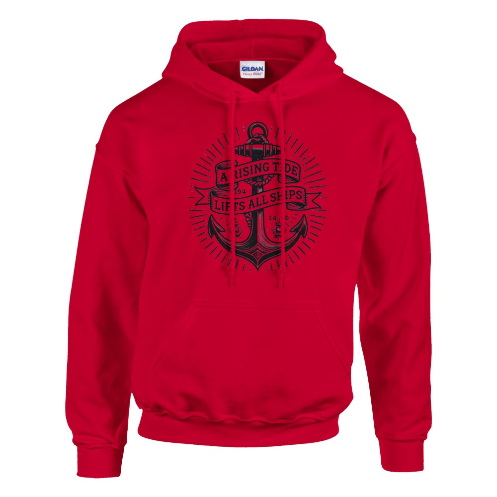 Pullover hoodie adorned with an anchor vintage tattoo inspired  graphic and a motivational quote, ‘A rising tide lifts all ships,’ for a nautical vibe. Available in a range of colours.