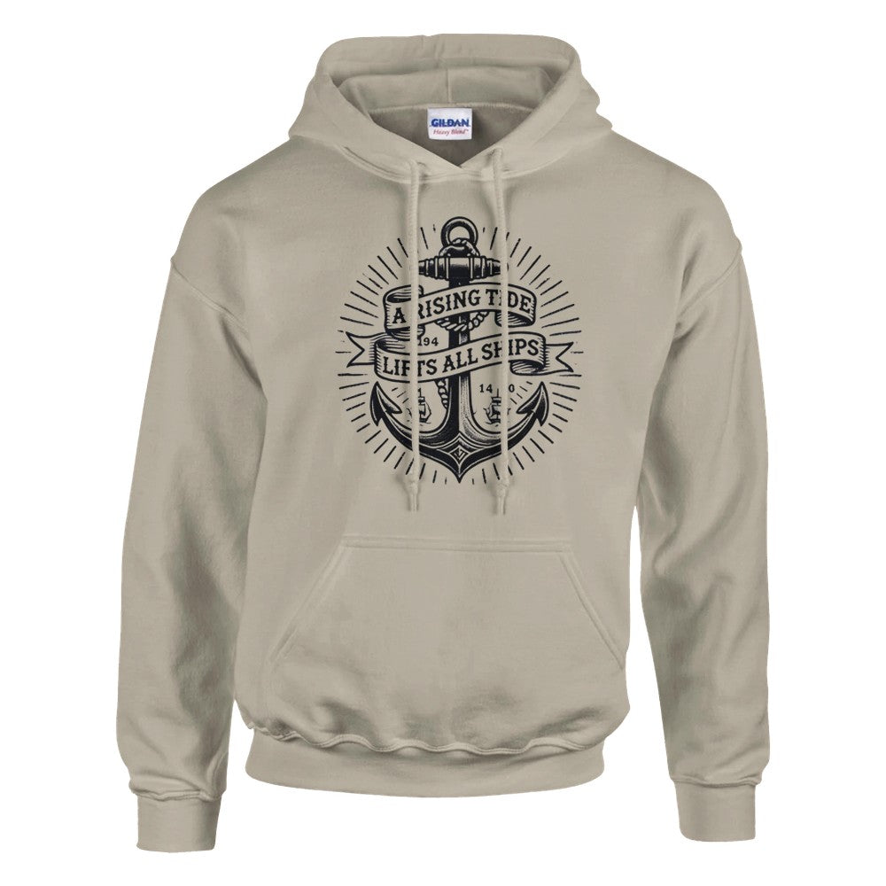Pullover hoodie adorned with an anchor vintage tattoo inspired  graphic and a motivational quote, ‘A rising tide lifts all ships,’ for a nautical vibe. Available in a range of colours.