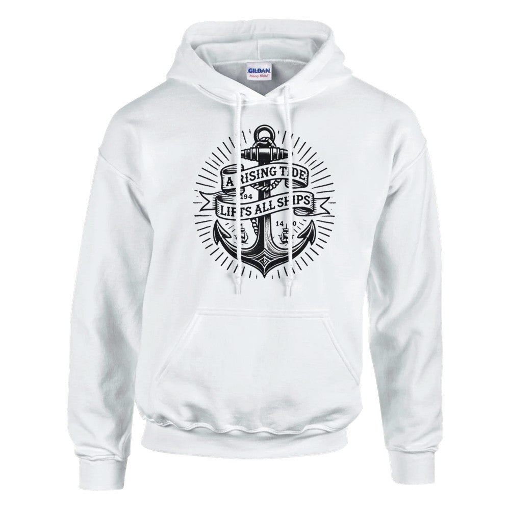 Pullover hoodie adorned with an anchor vintage tattoo inspired  graphic and a motivational quote, ‘A rising tide lifts all ships,’ for a nautical vibe. Available in a range of colours.