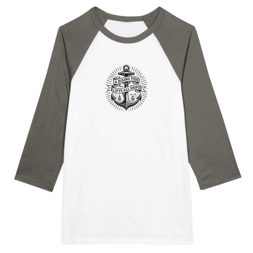 Baseball style raglan top adorned with an anchor vintage tattoo inspired  graphic and a motivational quote, ‘A rising tide lifts all ships,’ for a nautical vibe. Available in a range of colours.