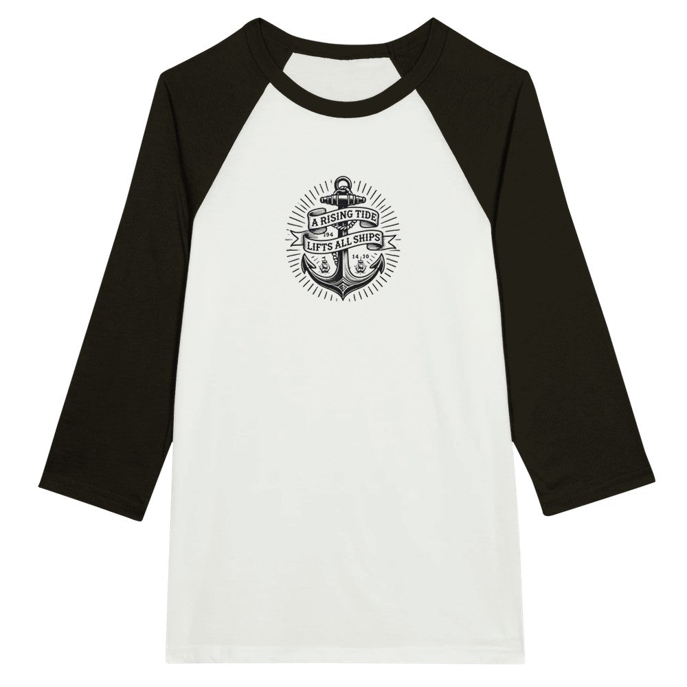 Baseball style raglan top adorned with an anchor vintage tattoo inspired  graphic and a motivational quote, ‘A rising tide lifts all ships,’ for a nautical vibe. Available in a range of colours.